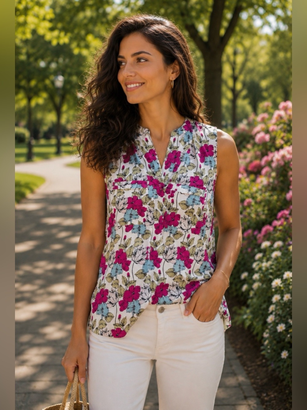 Ann Taylor Floral Sleeveless Blouse Women’s XS Pink Blue V Neck Pocket
